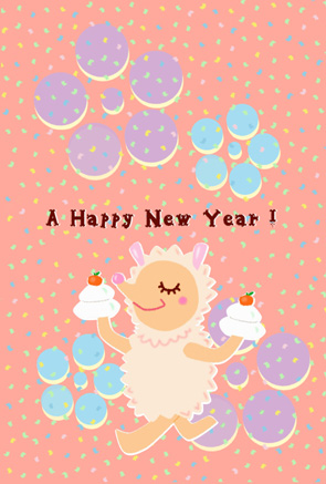 【無料】鏡餅を持った羊の年賀状｜ピンク色背景