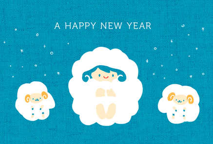 雪と女の子と羊のイラスト年賀状｜横型 青色背景