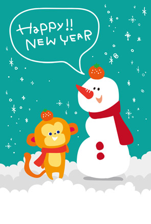 可愛いおサルさんと雪だるまのイラスト年賀状