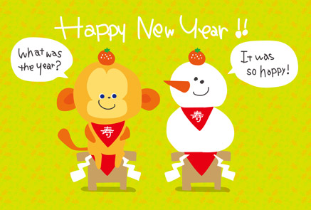 【申年】年賀状｜鏡餅風かわいお猿さんと雪だるまイラストサムネイル