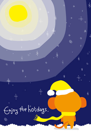 お猿さんと月夜と雪景色の年賀状サムネイル