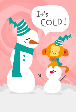 お猿さんと3段＆2段雪だるまの年賀状｜寒中見舞いのポストカードとしてもサムネイル