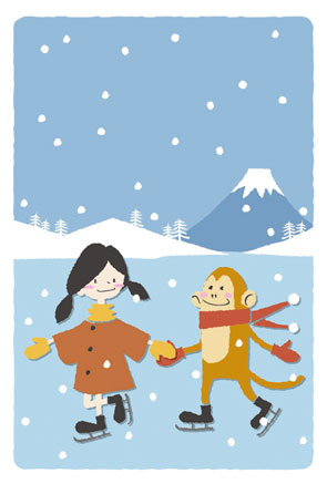 【申年】アイススケートをする女の子とお猿さんのイラスト年賀状サムネイル