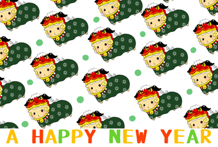 総柄獅子舞の羊さんイラスト年賀状「A HAPPY NEW YEAR」サムネイル