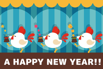 【酉年用年賀状】青系ストライプ背景にかわいい鶏のマジックショーイラスト